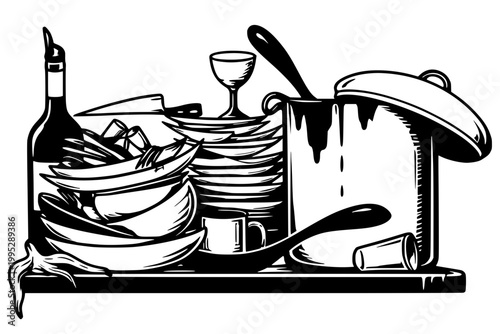 A black and white line-art illustration showing a cluttered kitchen scene with a stack of dishes, a pot with a ladle, and a bottle, suggesting cleanup or dishwashing.