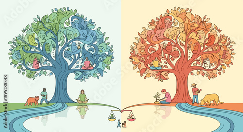 Conceptual tree of life illustration, environmental balance and sustainability vector, harmony between nature and humanity, ecological conservation art