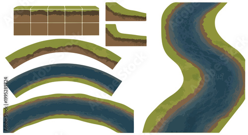 Isometric game map tiles with river and grass, modular landscape construction set, 2D top-down environment assets for game design
