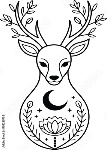 minimalist white deer silhouette with crescent moon and lotus spiritual symbolism