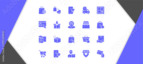Blue icons represent various business and technology concepts on a white background