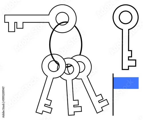 Security, access control, organization, safekeeping, minimalism, conceptual design. Illustration features classic key shapes on a ring and one standalone with a blue element. Security and access