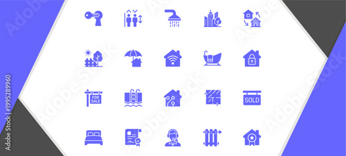 A collection of various blue icons on a white background surrounded by blue and grey triangles
