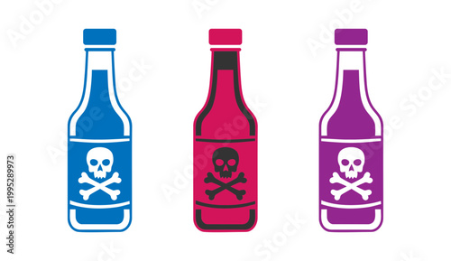 Vector icons of poison bottles with skull and crossbones labels