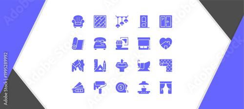 Various icons representing different categories are displayed on a blue background