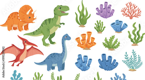 Cute Dinosaur Character Set with T-Rex Triceratops Brachiosaurus and Pterodactyl Featuring Prehistoric Plants and Underwater Coral Elements for Children Education and Decor Designs