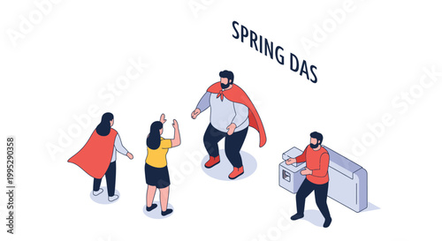 Isometric Illustration of a Team Celebrating a Superheros Victory.