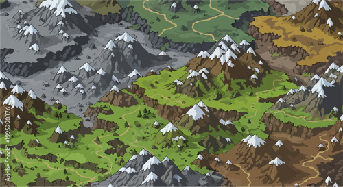 Fantasy world map with snowy mountains and green valleys, isometric game landscape vector, medieval adventure terrain with winding paths