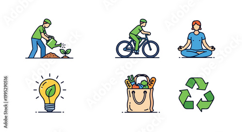 Sustainable lifestyle icons set, eco friendly living vector illustrations, green energy and recycling symbols, healthy environment activities