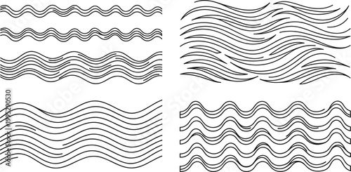 Abstract wavy lines collection with flowing curves dynamic motion pattern minimal outline vector background design set