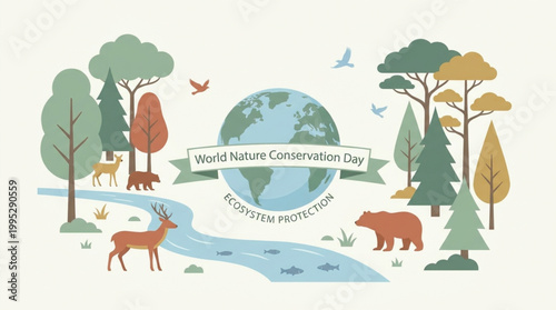 Illustration of World Nature Conservation Day with animals, trees, and a globe emphasizing ecosystem protection in a natural setting