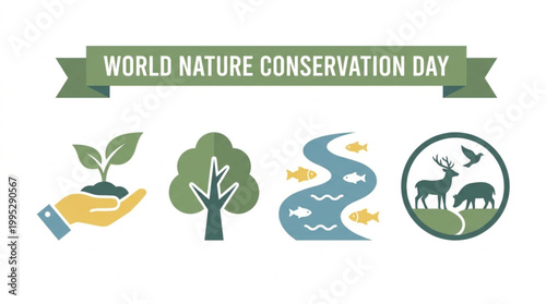 World Nature Conservation Day banner with icons of a hand holding a seedling, tree, river with fish, and animals in a circle on a white background
