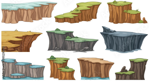 Cartoon cliff landscape elements, set of 10 vector rock platforms with grass and snow, floating stone islands for game design and level building