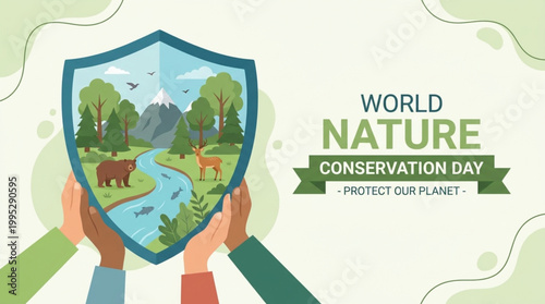 Illustration of diverse hands holding a shield with a scenic landscape for World Nature Conservation Day