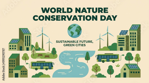 Illustration of green city with sustainable buildings, wind turbines, and eco-friendly transportation for World Nature Conservation Day