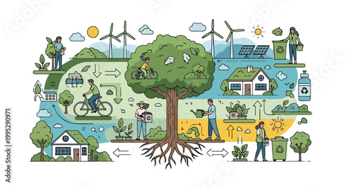 Sustainable green energy ecosystem vector, renewable lifestyle and environmental conservation illustration, eco friendly community with solar power