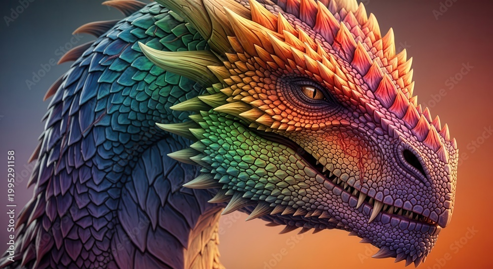 Obraz premium Majestic Rainbow Dragon Head Close-Up, Vibrant Scales, Fantasy Creature Portrait