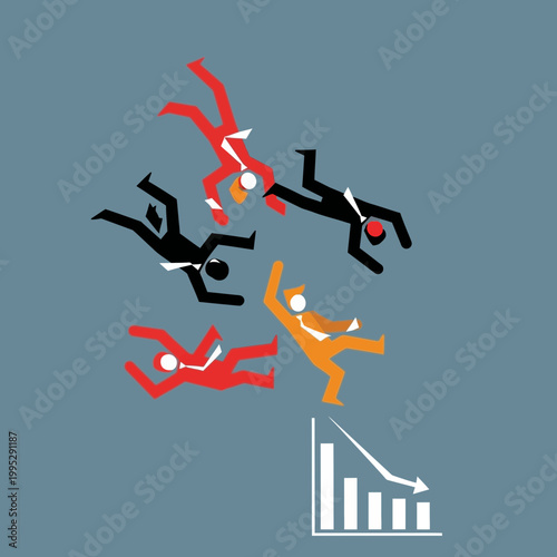Conceptual Illustration of Businessmen Falling Down During a Financial Crisis and Stock Market Crash