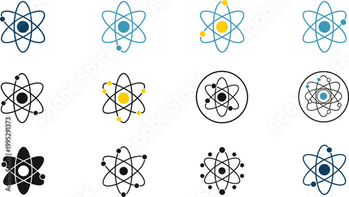 Atomic structure icons set with orbit electrons science physics minimal outline vector collection modern design pack
