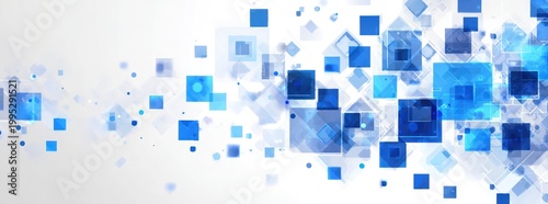 Abstract blue squares and dots floating on a white background
