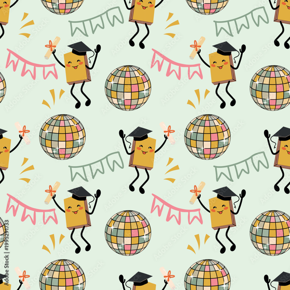 Naklejka premium Seamless vector pattern with cute book characters celebrating graduation at a disco party.