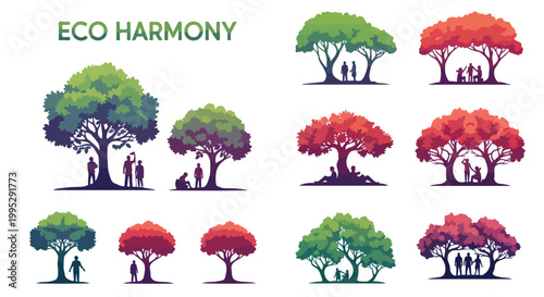 Eco Harmony tree logo collection, flat vector silhouettes of people under green and red trees, environmental family life icons for sustainable branding