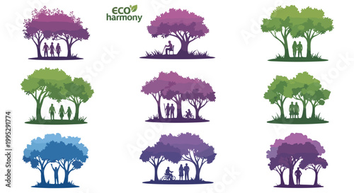 Eco harmony tree silhouettes with people, set of 9 nature icons, green and purple forest landscape elements for environmental branding