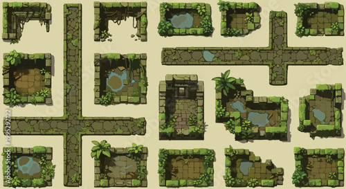 Top-down jungle ruins game assets, ancient stone temple walls with green moss, overhead view of tropical dungeon map elements for RPG level design