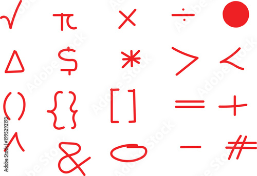 Collection of mathematical symbols and signs in red on a light blue background