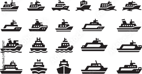 Collection of various boat and ship silhouettes icons