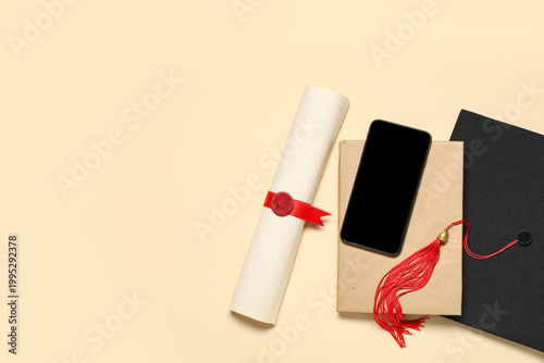 Mortar board with diploma, ...