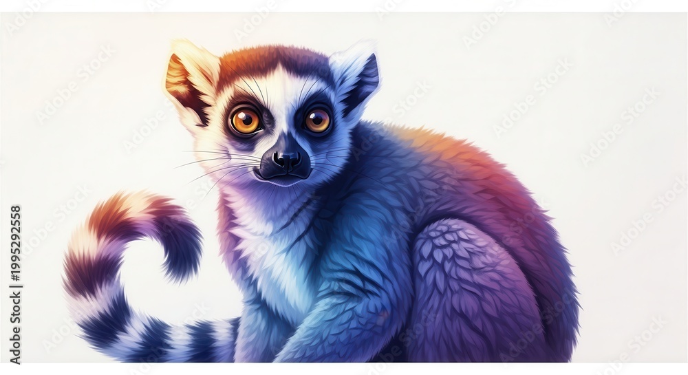 Fototapeta premium Vibrant Ring-Tailed Lemur Portrait, Colorful Fur, Studio Shot, White Background
