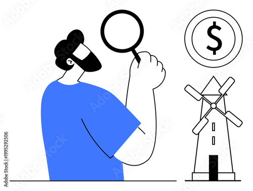 Financial analysis, renewable energy, investment opportunities, eco-financing, green energy, economic strategies. Man holding a magnifying glass with symbols of money and a windmill. Financial