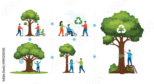 Environmental sustainability vector set, people planting and caring for green trees, recycling symbols and ecological conservation concept illustrations