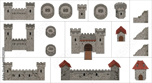 Medieval stone castle constructor set, modular fortress walls and towers vector, ancient citadel architecture elements for game design