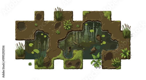 Top down swamp game map tiles, pixel art marsh environment with water and lily pads, 2D game level design assets for forest and bog terrain