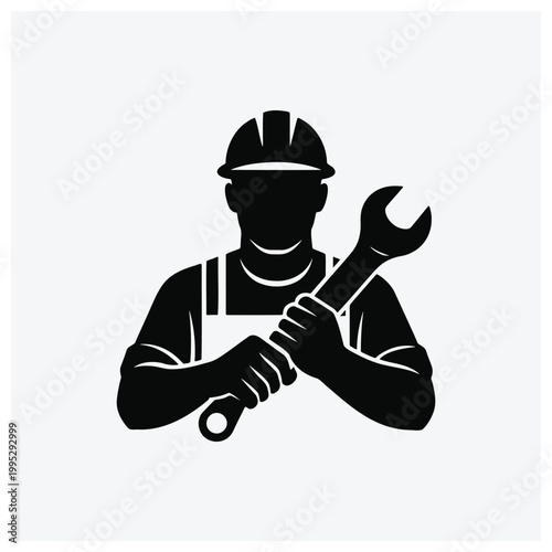 Minimal silhouette icon of a plumber or mechanic working with tools.