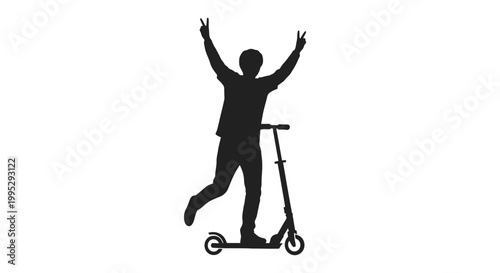 Man Riding Electric Scooter with Arms Raised.