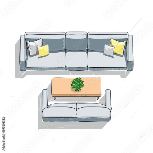 Top view illustration of a contemporary living room setup with a grey sectional sofa and a wooden coffee table interior design floor plan furniture overhead view contemporary illustration