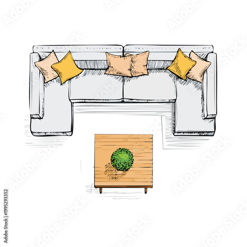 Overhead view illustration of a large u-shaped sectional sofa with a square coffee table and potted plant living room interior design floor plan furniture top view contemporary illustration