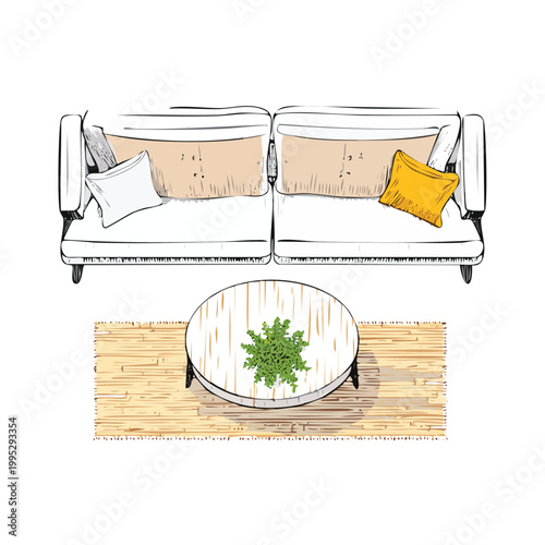 Top-down perspective of a white sofa and coffee table on a wooden floor with rug illustrated style living room sectional sofa interior design floor plan furniture top view overhead view