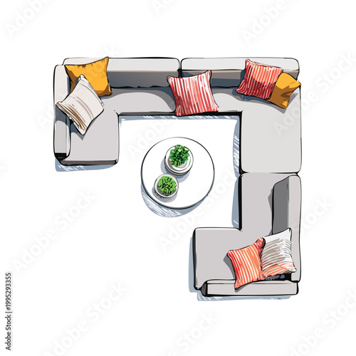 Overhead view sketch of a comfortable l-shaped sofa arrangement around a central coffee table with plants living room sectional sofa interior design floor plan furniture top view contemporary