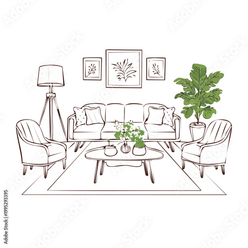 Living room arrangement in a sketch style a sofa armchairs coffee table lamp plants with line art hand drawn floor lamp wall art gallery wall mid century modern interior design interior furnish