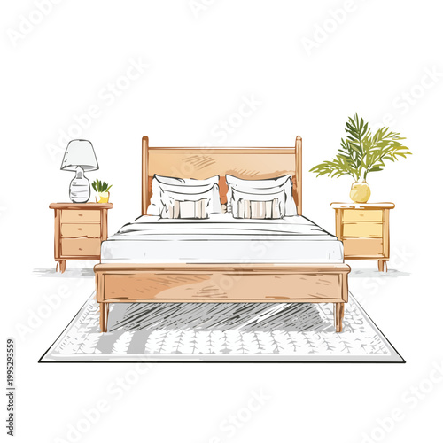 Modern bedroom interior with a wooden bed nightstands a rug white background home decor hand drawn furniture set dorm room guest room nightstand interior furniture illustration minimalist