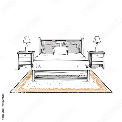 Bedroom illustration with a bed nightstands a patterned rug white background home decor hand drawn furniture set dorm room guest room nightstand interior furniture illustration
