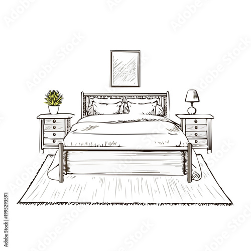 Sketch of a bedroom with a bed nightstands a rug framed art white background home decor hand drawn furniture set dorm room guest room wall decor nightstand interior furniture illustration