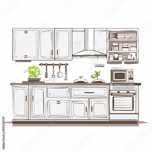 Detailed vector sketch of modern kitchen interior design with cabinets oven microwave range hood for home renovation and appliance store layout food preparation living space real estate wall unit