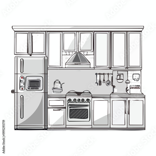 Contemporary kitchen layout vector illustration with refrigerator oven stove range hood upper and lower cabinets for home styling food preparation living space home design real estate meal prep
