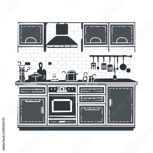 Modern kitchen interior design vector with cabinets stove and hanging utensils interior furniture cupboard illustration domestic apartment appliance extractor countertop lifestyle culinary