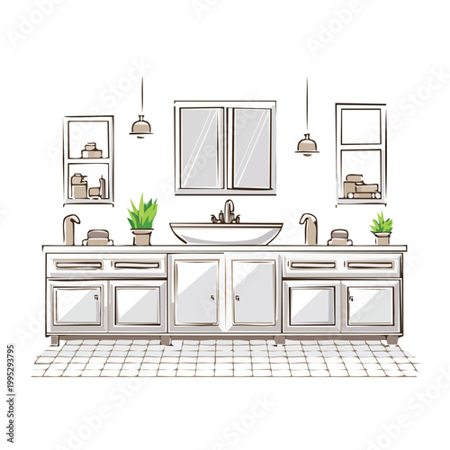 Modern double bathroom vanity with vessel sinks wall cabinets tiled floor double sink potted plant pendant light wall cabinet hand drawn home improvement living space home design bathroom